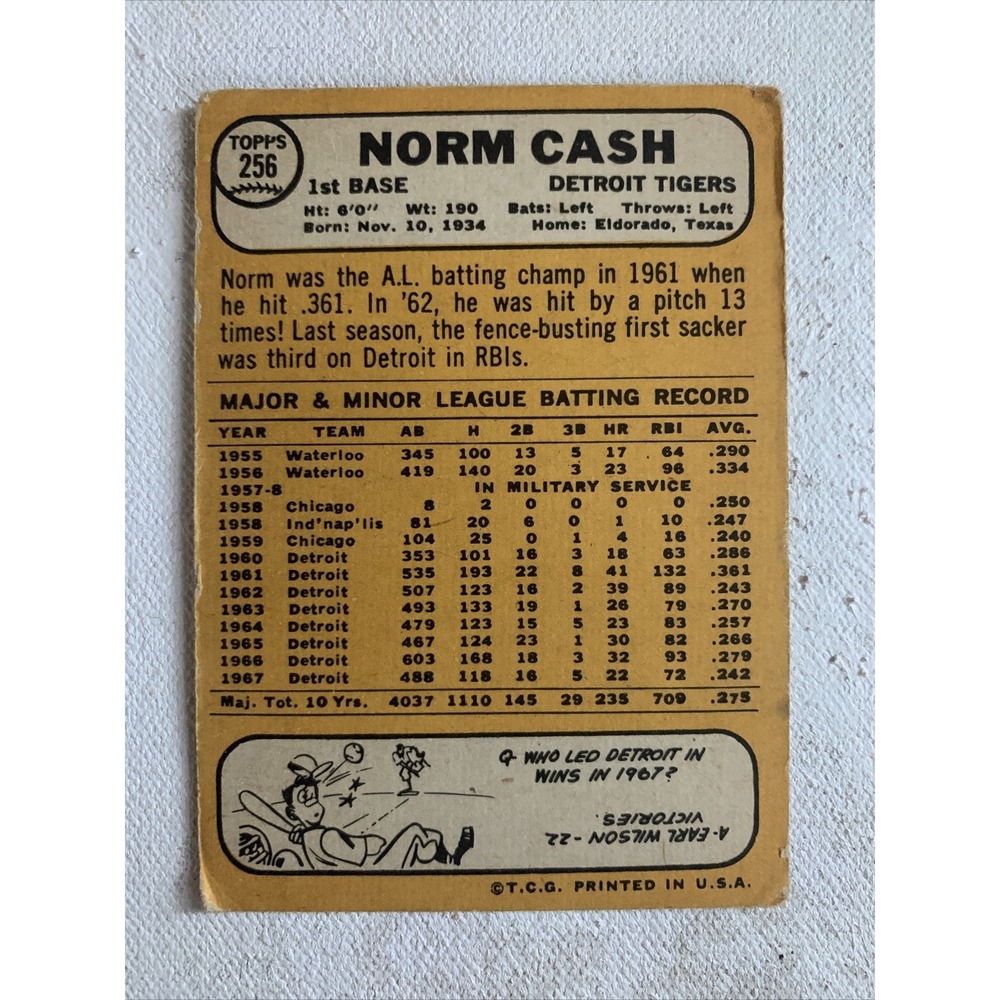 1968 TOPPS # 256 NORM CASH DETROIT TIGERS VG - Picture 2 of 2